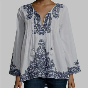 Calypso St Barth Embroidered Tunic Top Size XS Beaded Tassel Ties Boho Beachy